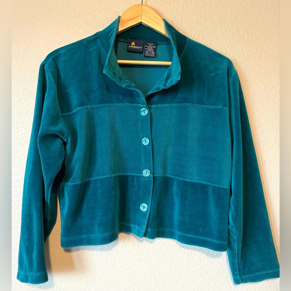 Lizsport Velour Green Track Suit Sweater Top- Women’s Petite Med